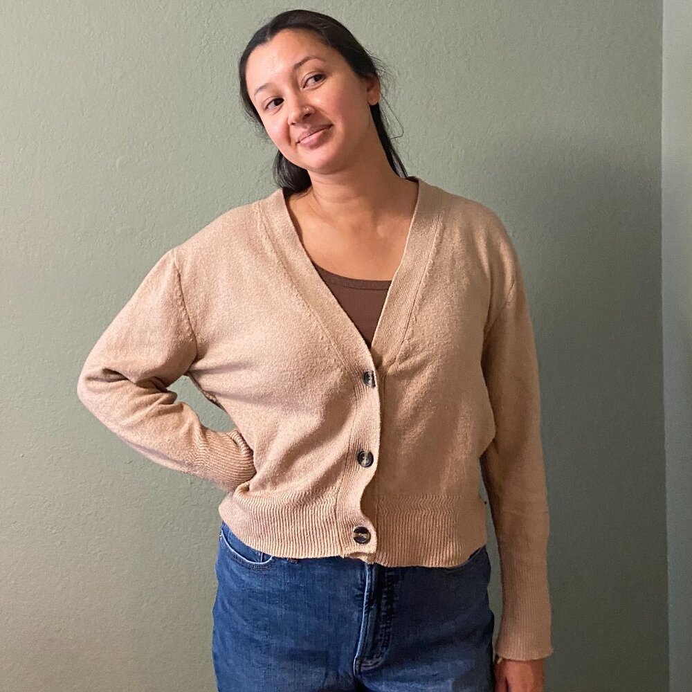 Poof Apparel Light Brown Cardigan, Size Large